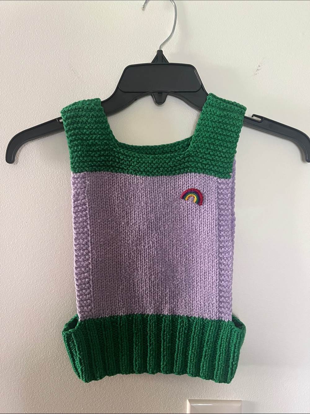 Vintage 1980s Handmade Knit Lavender & Green Sweater vest with Rainbow Patch